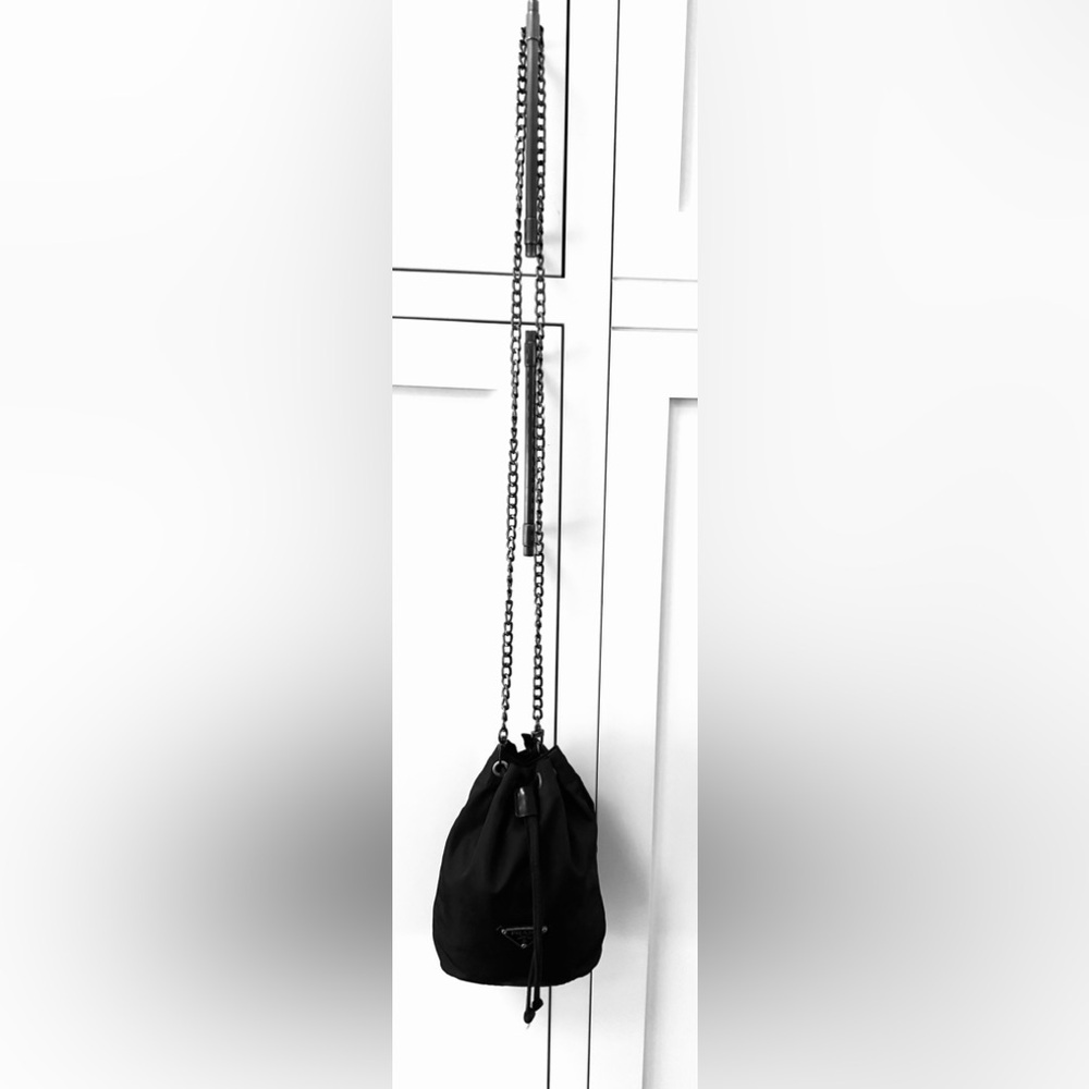 PRADA Black Nylon Drawstring Pouch Bag + Added Black/Silver Chain Crossbody - Picture 6 of 8